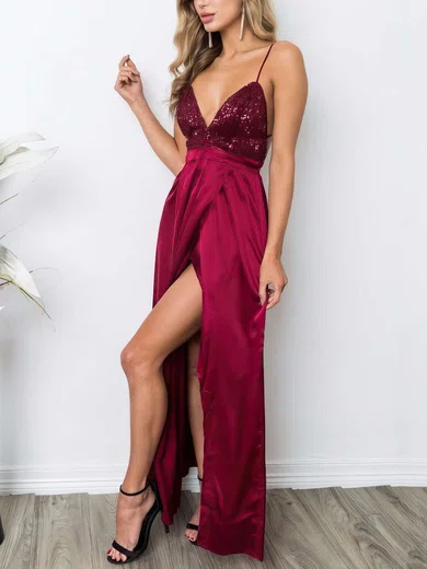 Sheath/Column V-neck Sequined Silk-like Satin Ankle-length Split Front Prom Dresses #UKM020106105
