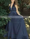 Princess Halter Satin Sweep Train Appliques Lace Prom Dresses #UKM020105085