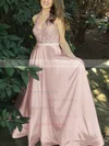 Princess Halter Satin Sweep Train Appliques Lace Prom Dresses #UKM020105085