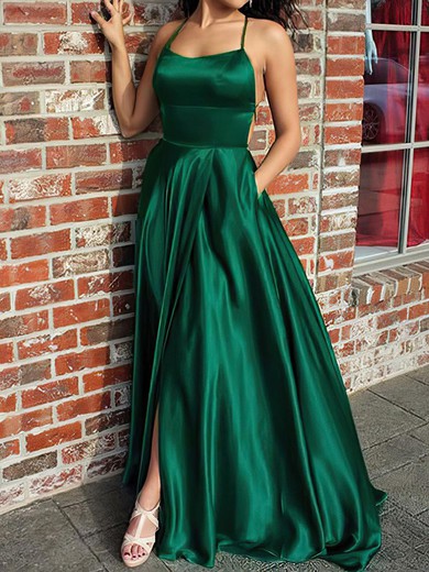 A-line Sweep Train Scoop Neck Silk-like Satin Pockets Prom Dresses #UKM020105078