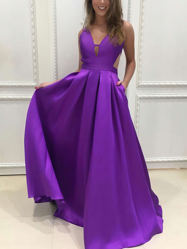 Princess V-neck Satin Sweep Train Pockets Prom Dresses | MillyBridal