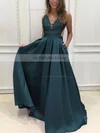 Princess V-neck Satin Sweep Train Pockets Prom Dresses #UKM020105088