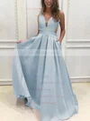 Princess V-neck Satin Sweep Train Pockets Prom Dresses #UKM020105088