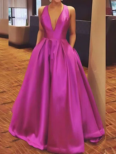 A-line V-neck Satin Floor-length Bow Prom Dresses #UKM020106112