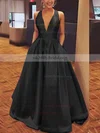 A-line V-neck Satin Floor-length Bow Prom Dresses #UKM020106112