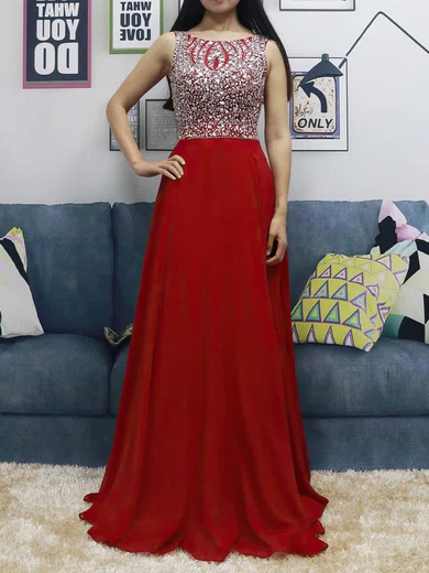 A-line Scoop Neck Chiffon Floor-length Beading Prom Dresses #UKM020105045
