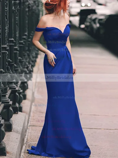 Sheath Column Off the shoulder Silk like Satin Floor length Split Front Prom Dresses