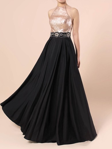 A-line Scoop Neck Satin Sequined Floor-length Beading Prom Dresses #UKM020105061