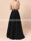 A-line Scoop Neck Satin Sequined Floor-length Beading Prom Dresses #UKM020105061