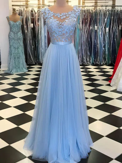 Ball Gown Illusion Backless Tulle Prom Dresses With Appliques #UKM020105076