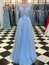 A-line Scoop Neck Tulle Sweep Train Appliques Lace Prom Dresses #UKM020105076