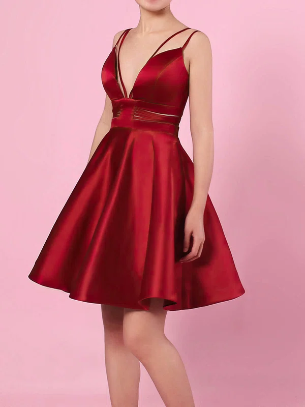 A-line V-neck Satin Short/Mini Pockets Prom Dresses #UKM020105080