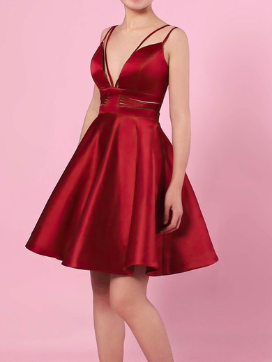 A-line V-neck Satin Short/Mini Pockets Short Prom Dresses #UKM020105080