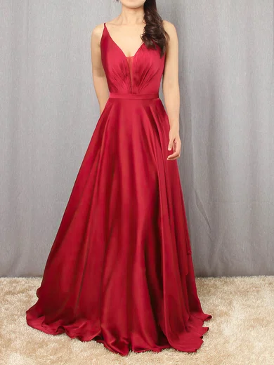 A-line V-neck Satin Chiffon Floor-length Sashes / Ribbons Prom Dresses #UKM020105086