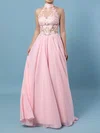 A-line High Neck Chiffon Floor-length Appliques Lace Prom Dresses #UKM020105092