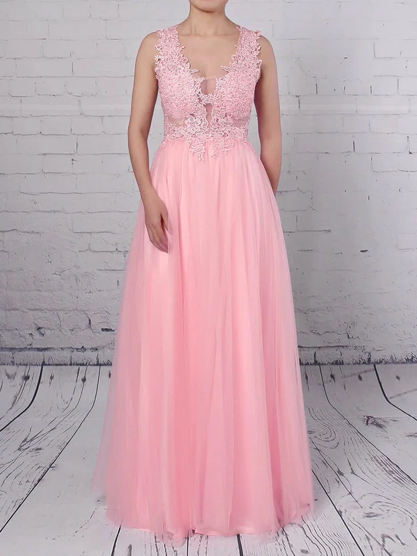 A-line V-neck Tulle Floor-length Beading Prom Dresses #UKM020105093