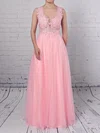 A-line V-neck Tulle Floor-length Beading Prom Dresses #UKM020105093