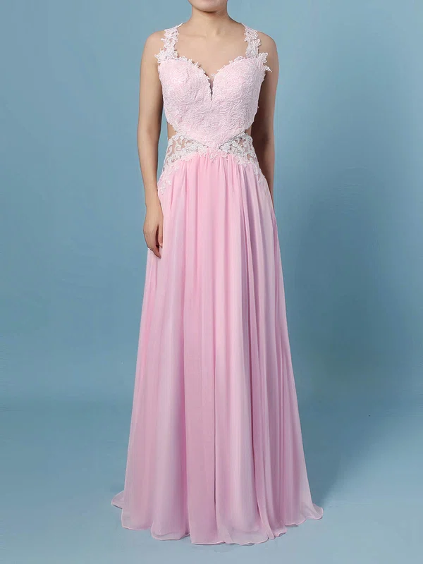 A-line V-neck Chiffon Floor-length Appliques Lace Prom Dresses #UKM020105095