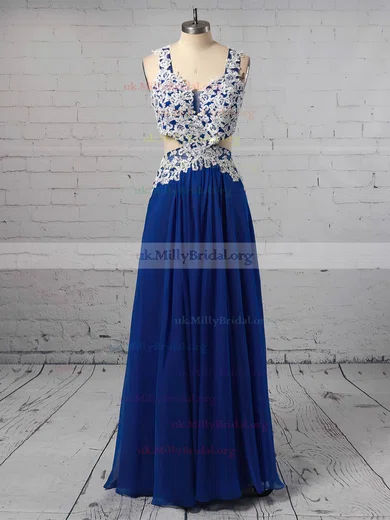 A line V neck Chiffon Floor length Appliques Lace Prom Dresses MillyBridal