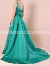 Princess V-neck Satin Sweep Train Bow Prom Dresses #UKM020105106
