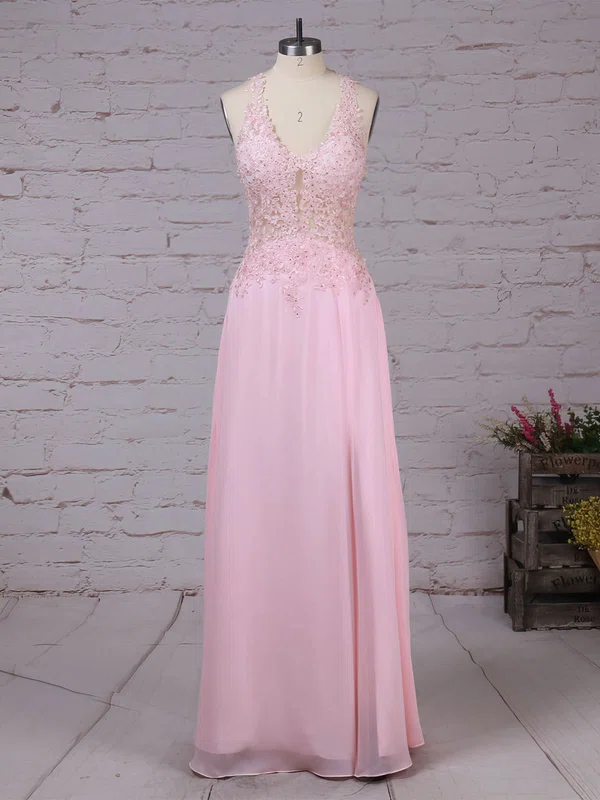 A-line V-neck Chiffon Floor-length Appliques Lace Prom Dresses #UKM020105116