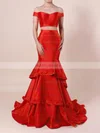 Trumpet/Mermaid Off-the-shoulder Satin Organza Sweep Train Tiered Prom Dresses #UKM020105124