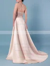 Ball Gown Scoop Neck Satin Sweep Train Beading Prom Dresses #UKM020105136