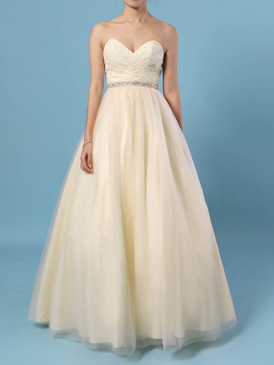 Ball Gown V-neck Lace Tulle Floor-length Beading Prom Dresses #UKM020105139