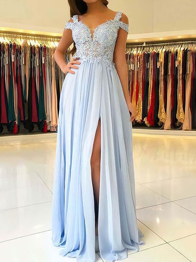 A-line Floor-length V-neck Chiffon Beading Prom Dresses #UKM020105842