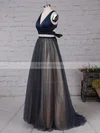 Princess V-neck Tulle Sweep Train Beading Prom Dresses #UKM020105848