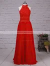 A-line High Neck Lace Chiffon Floor-length Beading Prom Dresses #UKM020105863