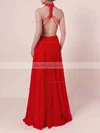 A-line High Neck Lace Chiffon Floor-length Beading Prom Dresses #UKM020105863