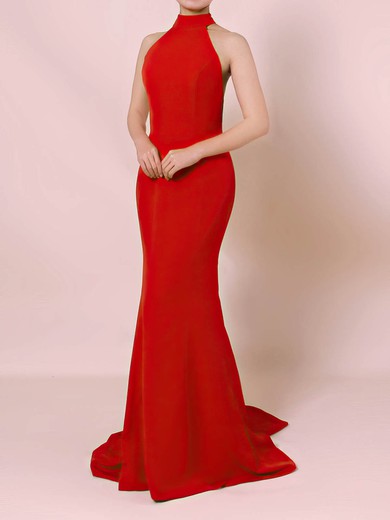 Trumpet/Mermaid Halter Stretch Crepe Sweep Train Prom Dresses #UKM020105867