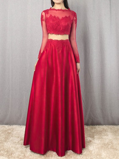 A-line Scoop Neck Satin Floor-length Appliques Lace Prom Dresses #UKM020105879