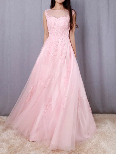 Princess Scoop Neck Tulle Floor-length Appliques Lace Prom Dresses #UKM020105893