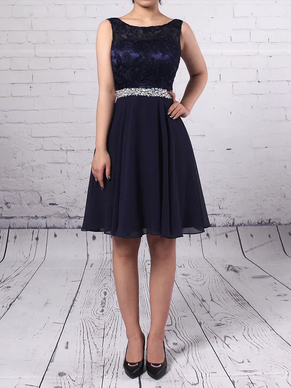 A-line Scoop Neck Lace Chiffon Short/Mini Beading Short Prom Dresses #UKM020105894