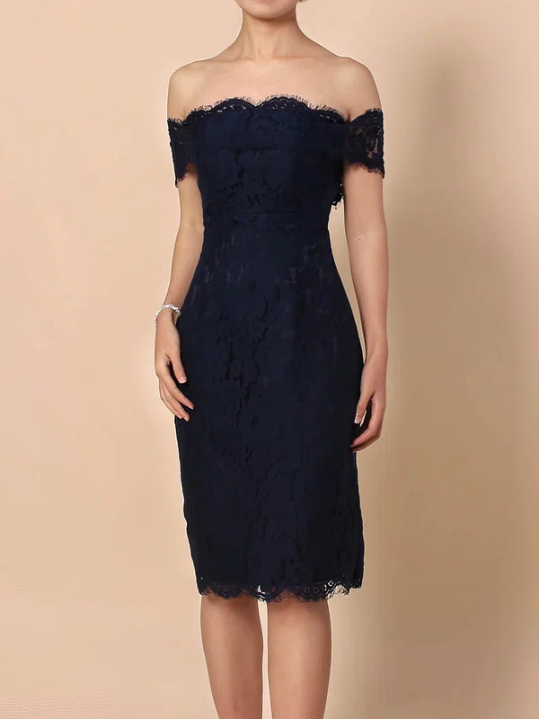 Sheath/Column Off-the-shoulder Lace Knee-length Appliques Lace Short Prom Dresses #UKM020105900
