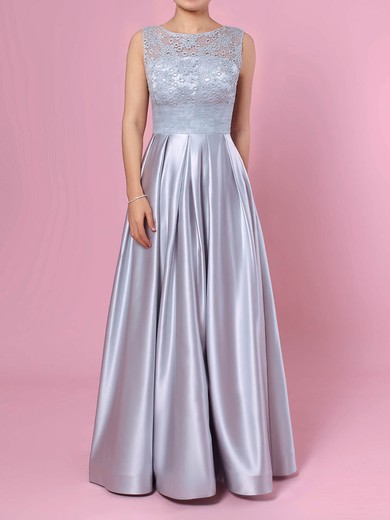 Princess Scoop Neck Lace Satin Floor-length Pockets Prom Dresses #UKM020105913