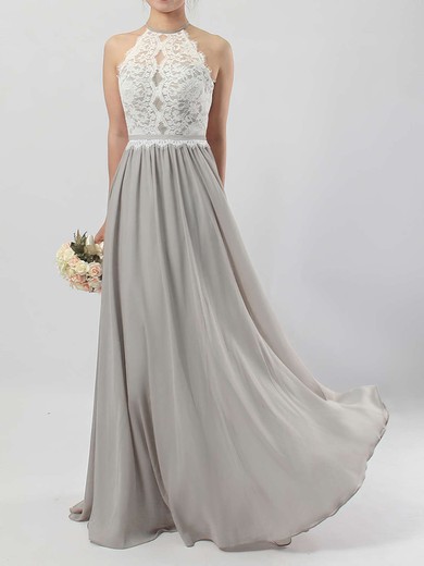 Lace Chiffon Scoop Neck A-line Floor-length Sashes / Ribbons Bridesmaid Dresses #UKM01013466