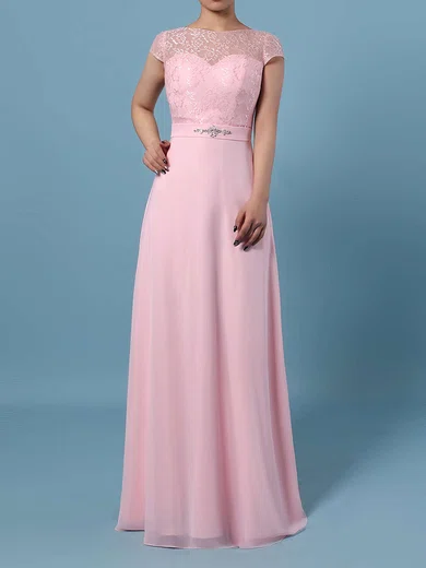 Lace Chiffon Scoop Neck A-line Floor-length Beading Bridesmaid Dresses #UKM01013471