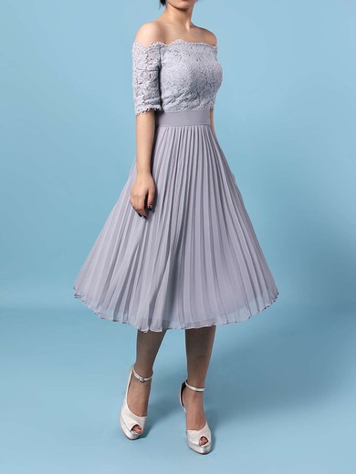 Lace Chiffon Off-the-shoulder A-line Tea-length Sashes / Ribbons Bridesmaid Dresses #UKM01013516