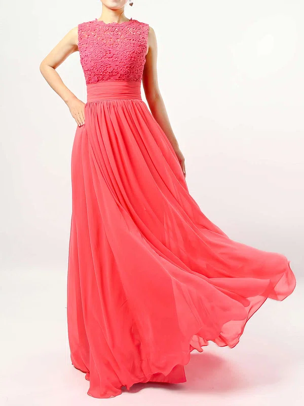 Chiffon Tulle Scalloped Neck A-line Floor-length Lace Bridesmaid Dresses #UKM01013519