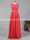 Chiffon Tulle Scalloped Neck A-line Floor-length Lace Bridesmaid Dresses #UKM01013519
