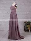 Chiffon V-neck A-line Sweep Train Lace Bridesmaid Dresses #UKM01013557