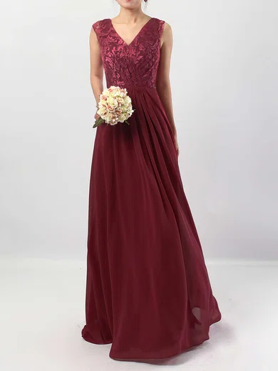 Lace Chiffon V-neck A-line Floor-length Ruffles Bridesmaid Dresses #UKM01013566