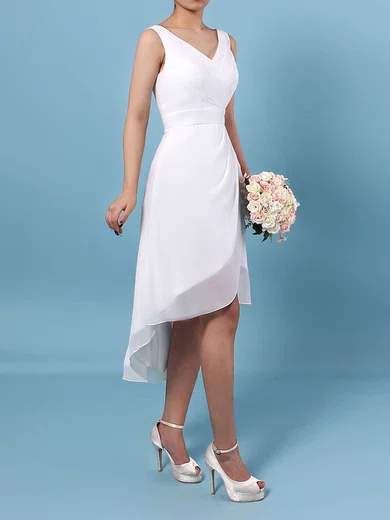 Chiffon V-neck Sheath/Column Asymmetrical Ruffles Bridesmaid Dresses #UKM01013549