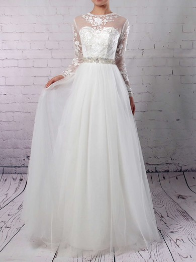 Tulle Scoop Neck A-line Floor-length Appliques Lace Wedding Dresses #UKM00023127