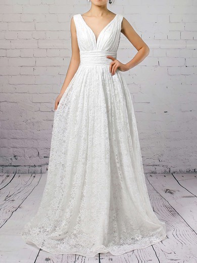 Lace V-neck Princess Floor-length Ruffles Wedding Dresses #UKM00023128