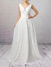 A-line V-neck Lace Floor-length Wedding Dresses With Ruffles #UKM00023128