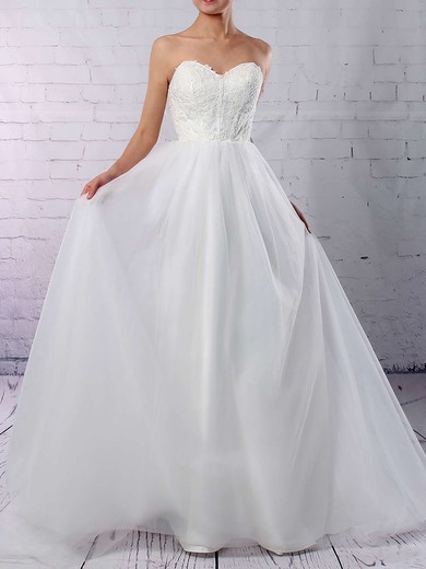 A-line Sweetheart Tulle Sweep Train Wedding Dresses With Appliques Lace #UKM00023130